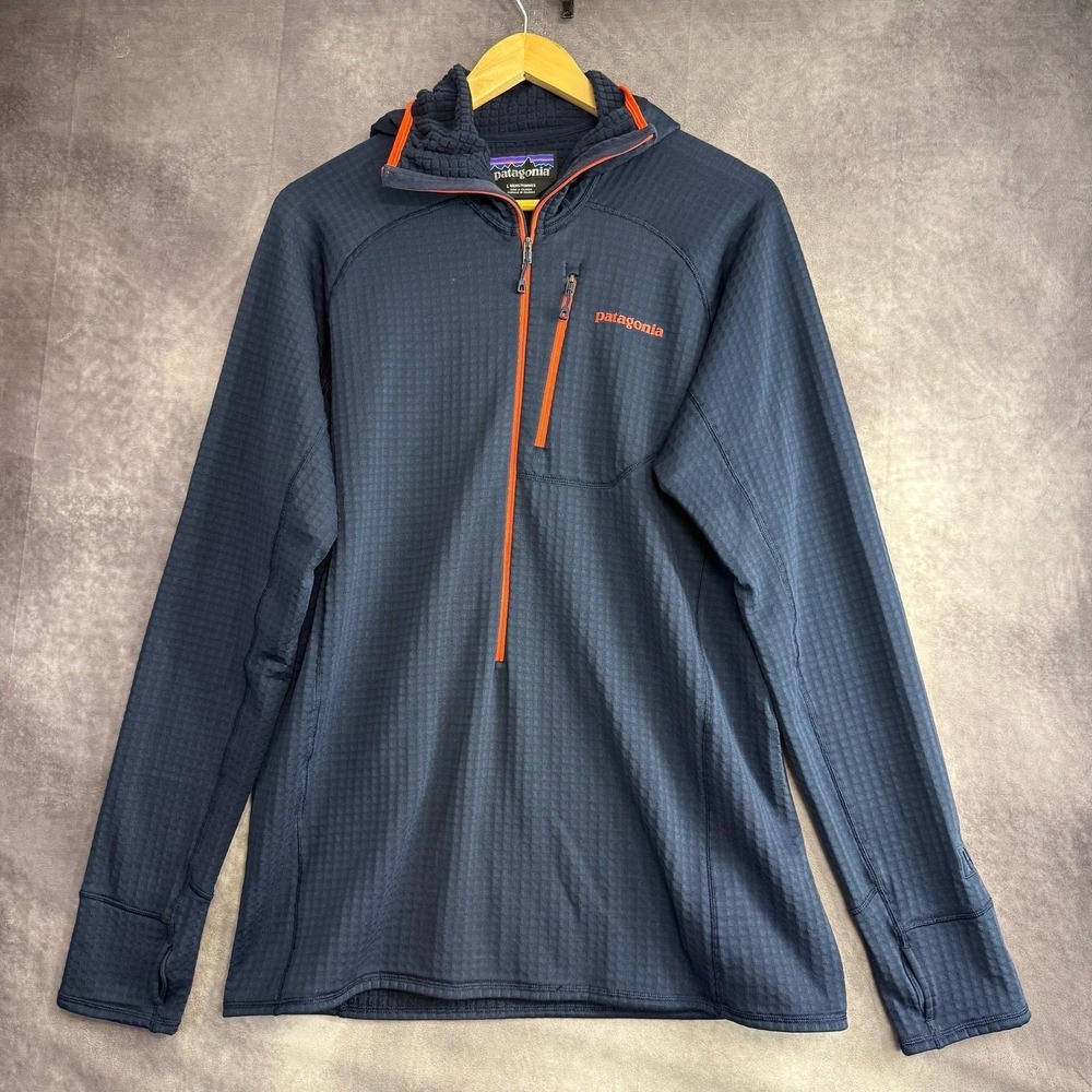 Patagonia R1 Hoodie Men's Large Blue Polartec Power Dry 1/2 Zip Fleece Pullover